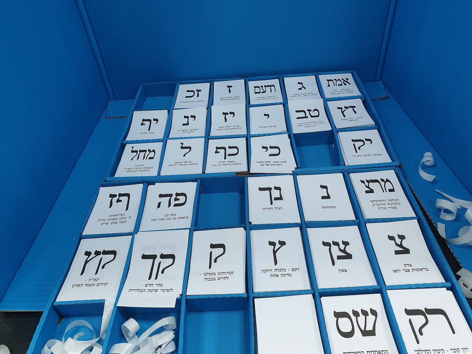 Valsedlar med partiernas hebreiska bokstavskoder ligger sorterade i blå pappfack i en vallokal i Ramat Gan, Israel